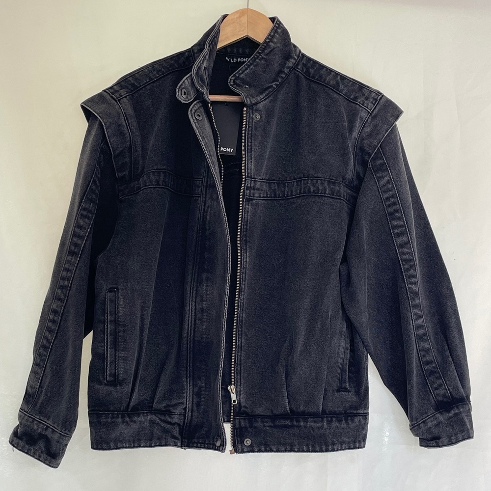 Wild Pony Collection Black Denim Jacket very Detailed work, Oversized New S